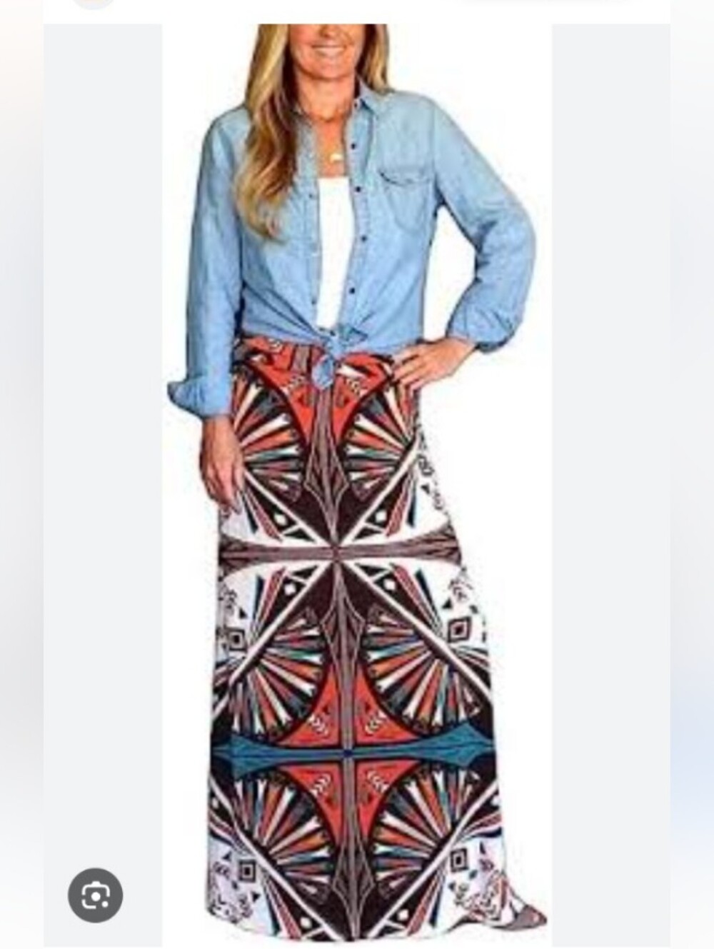 MOA USA Red Multi Geometric Boho Maxi Skirt with Blue Accents
